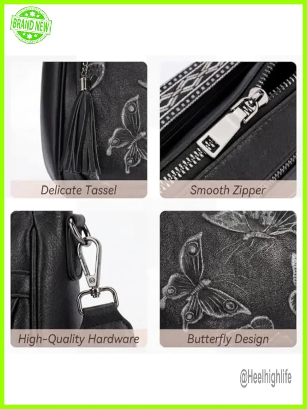 Vegan Leather Hobo Crossbody Butterfly Embossed Purse Women Handbag